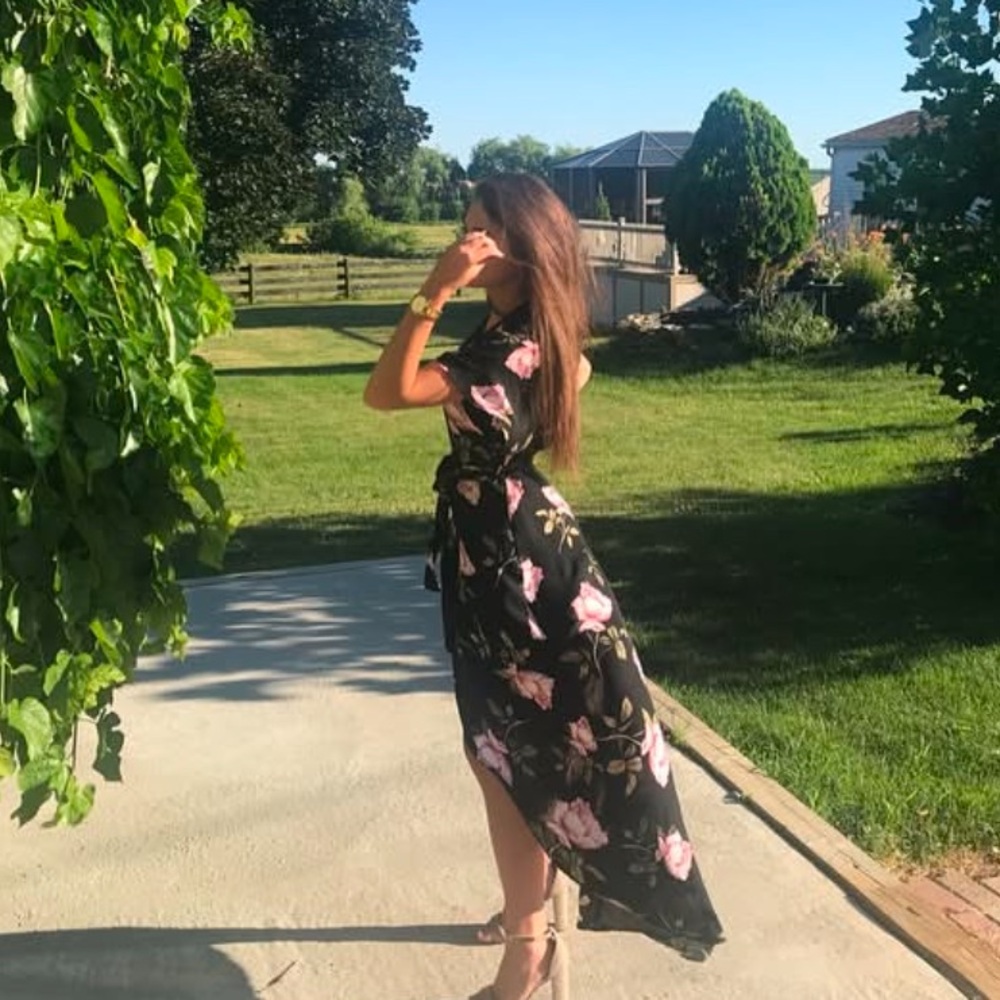Floral Black high low dress with Pink Roses